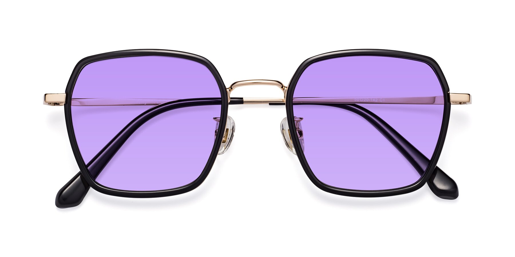 Folded Front of Kelly in Black-Gold with Medium Purple Tinted Lenses