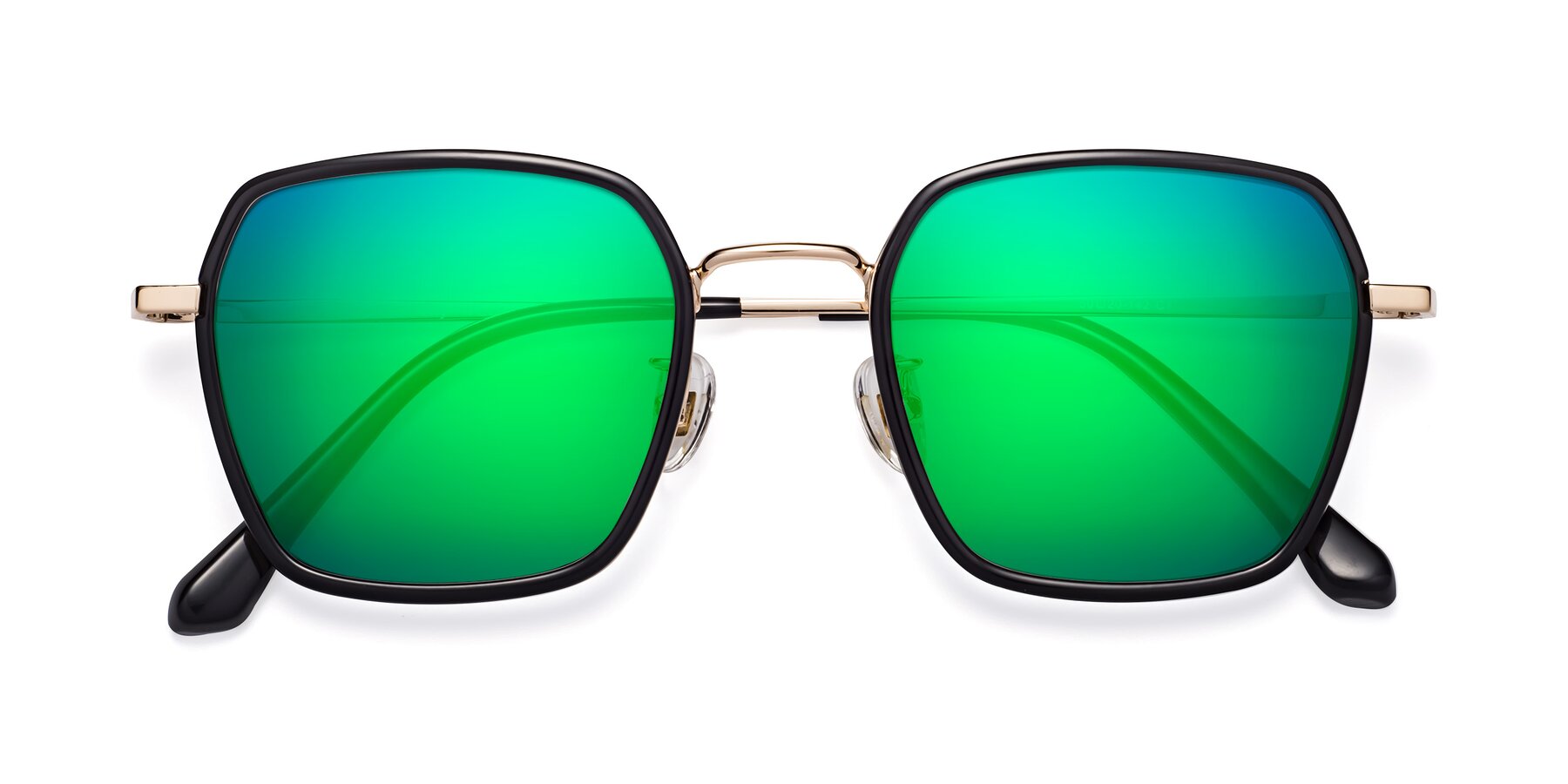 Folded Front of Kelly in Black-Gold with Green Mirrored Lenses