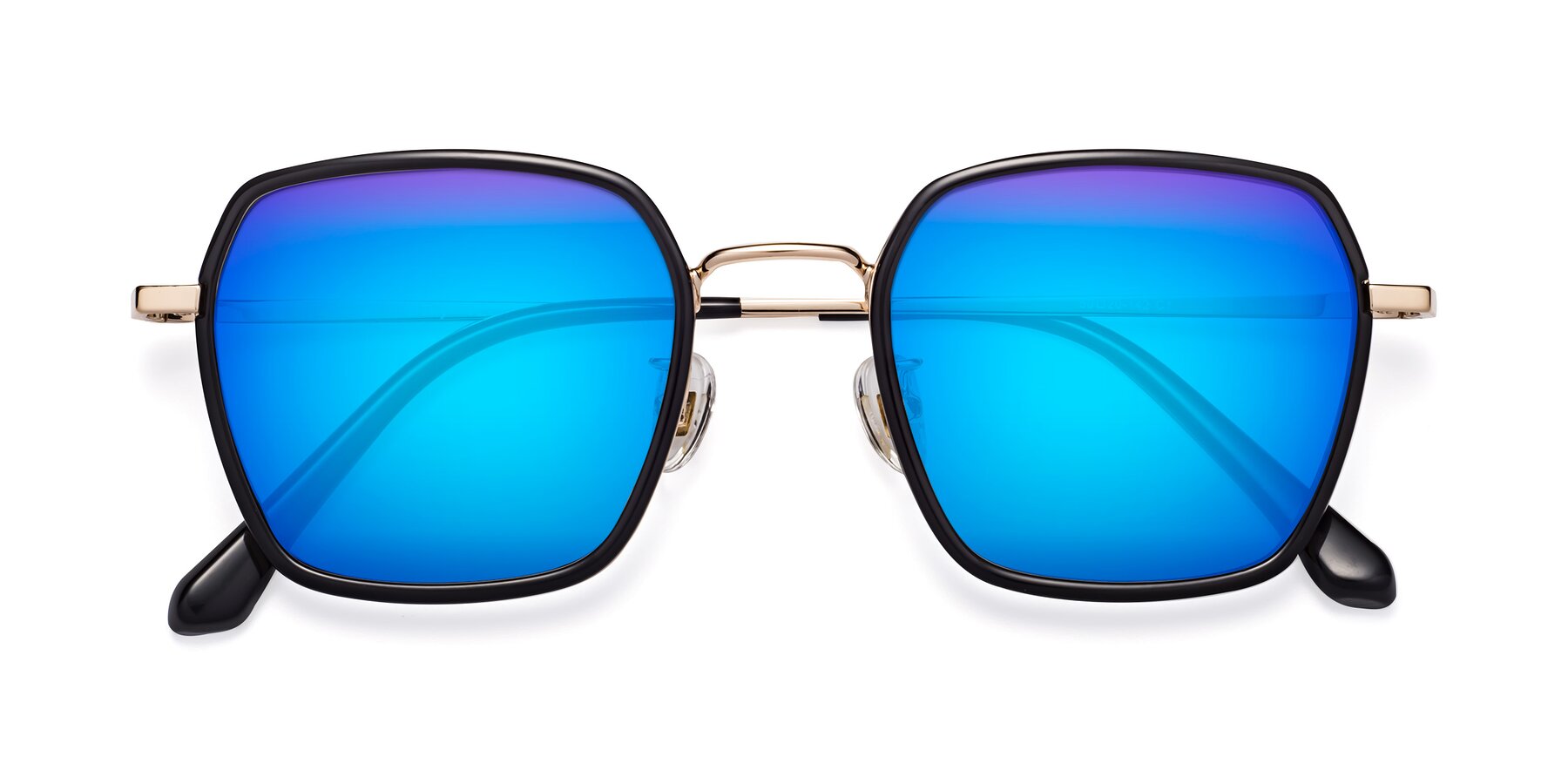Folded Front of Kelly in Black-Gold with Blue Mirrored Lenses