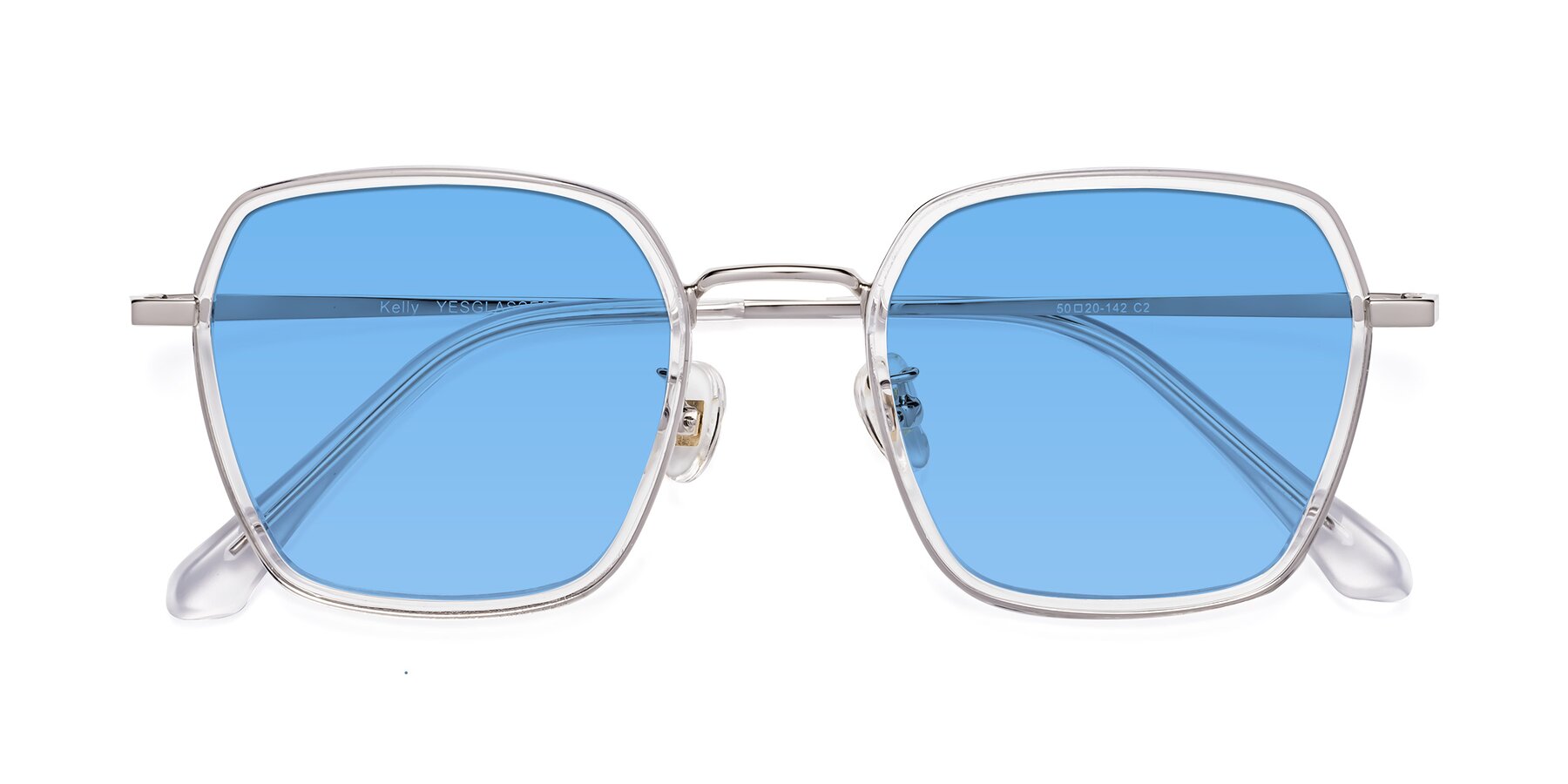 Folded Front of Kelly in Clear-Silver with Medium Blue Tinted Lenses