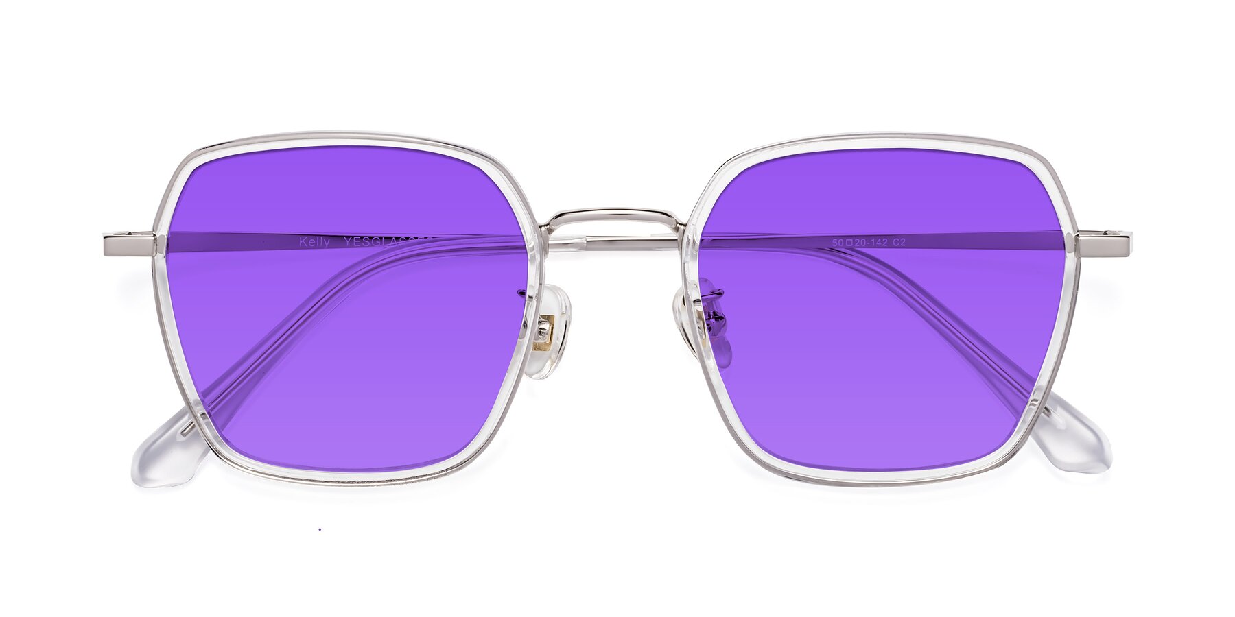 Folded Front of Kelly in Clear-Silver with Purple Tinted Lenses