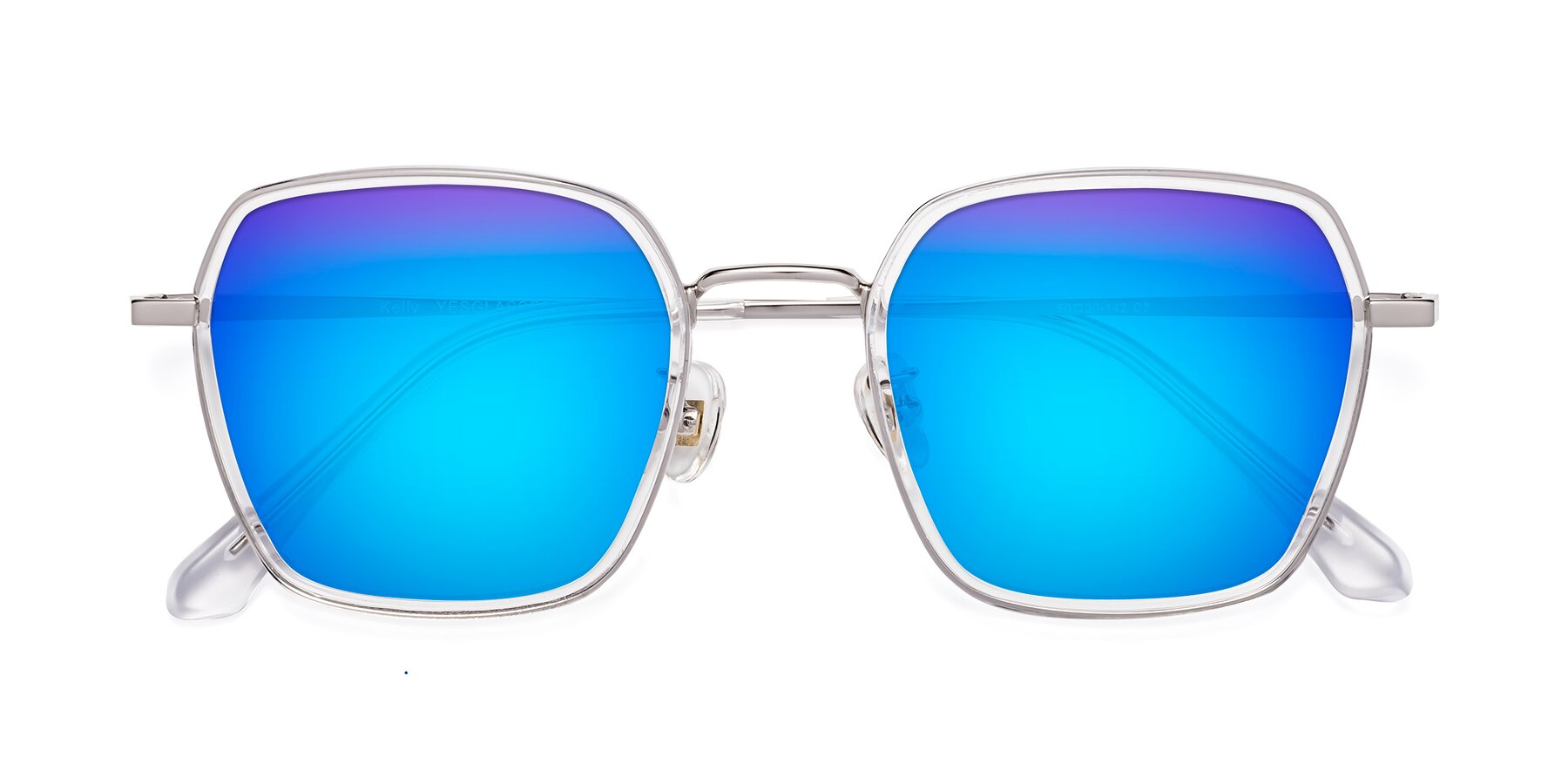 Folded Front of Kelly in Clear-Silver with Blue Mirrored Lenses