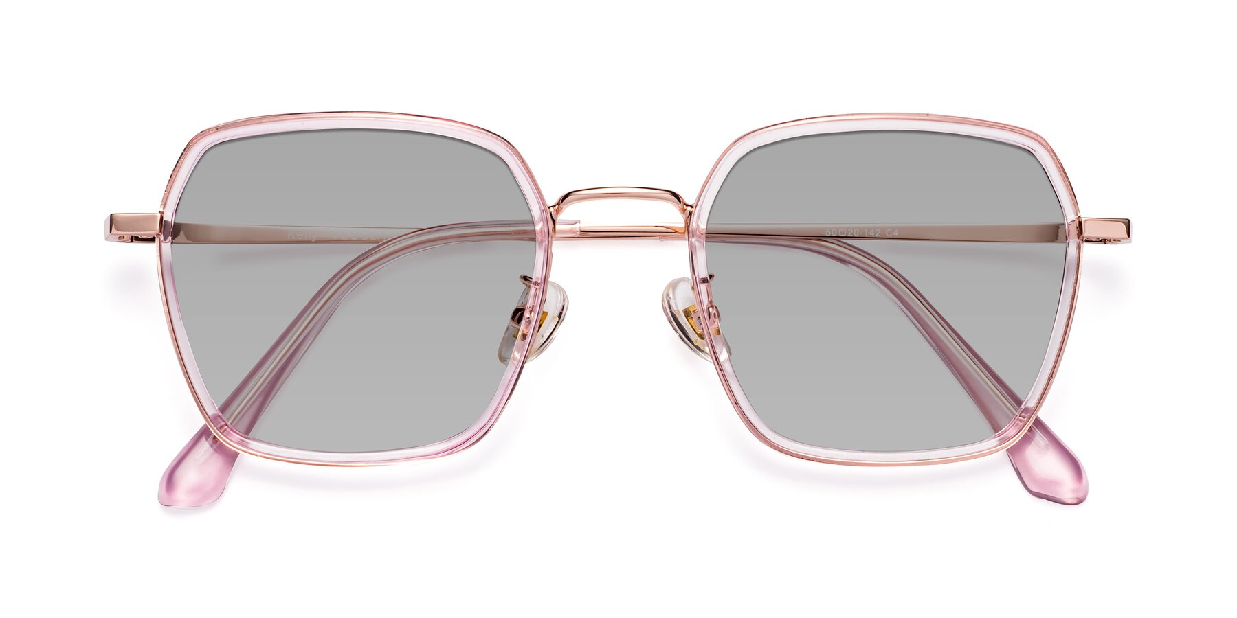Folded Front of Kelly in Pink-Rose Gold with Light Gray Tinted Lenses