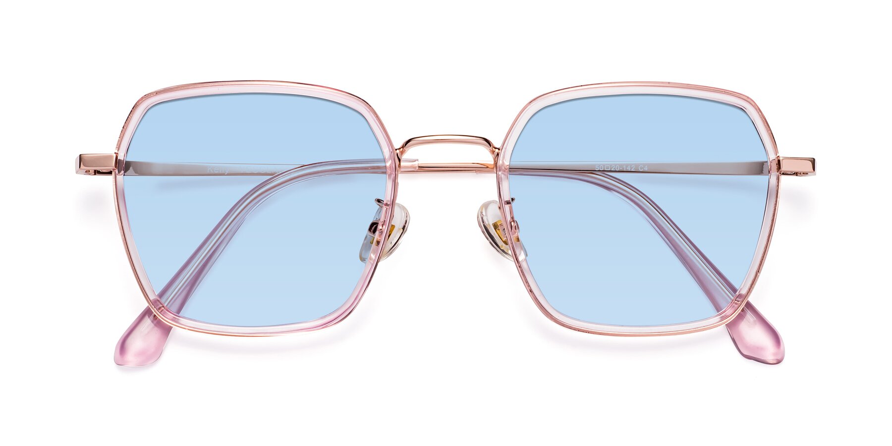 Folded Front of Kelly in Pink-Rose Gold with Light Blue Tinted Lenses
