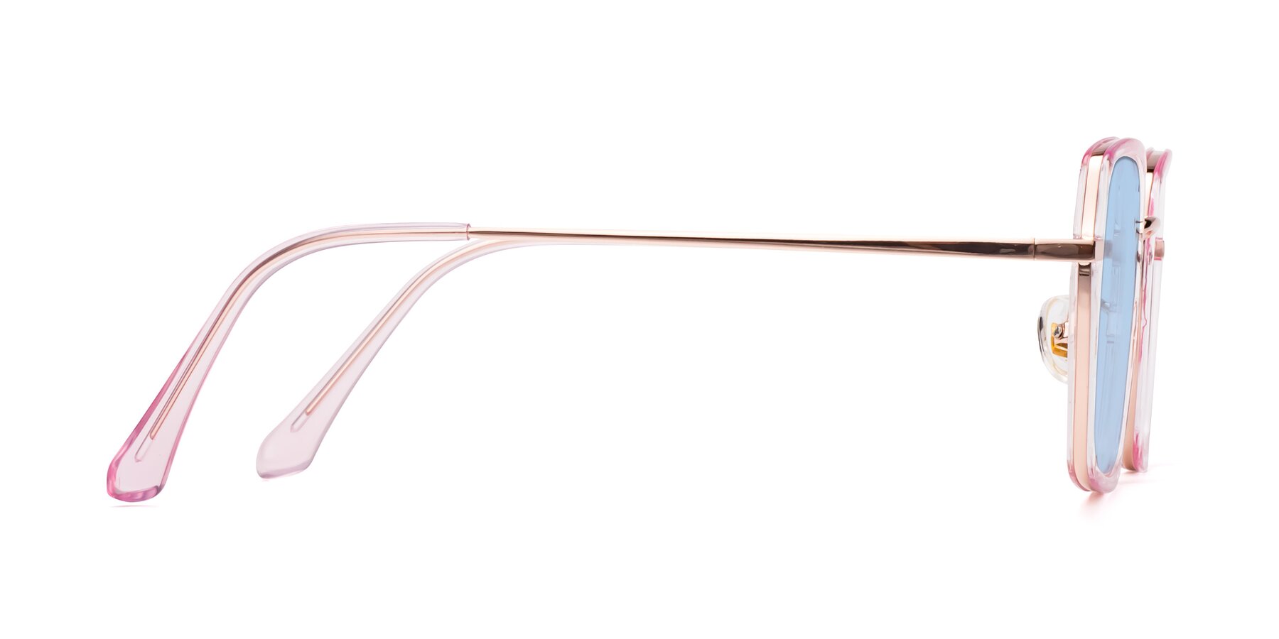 Side of Kelly in Pink-Rose Gold with Light Blue Tinted Lenses