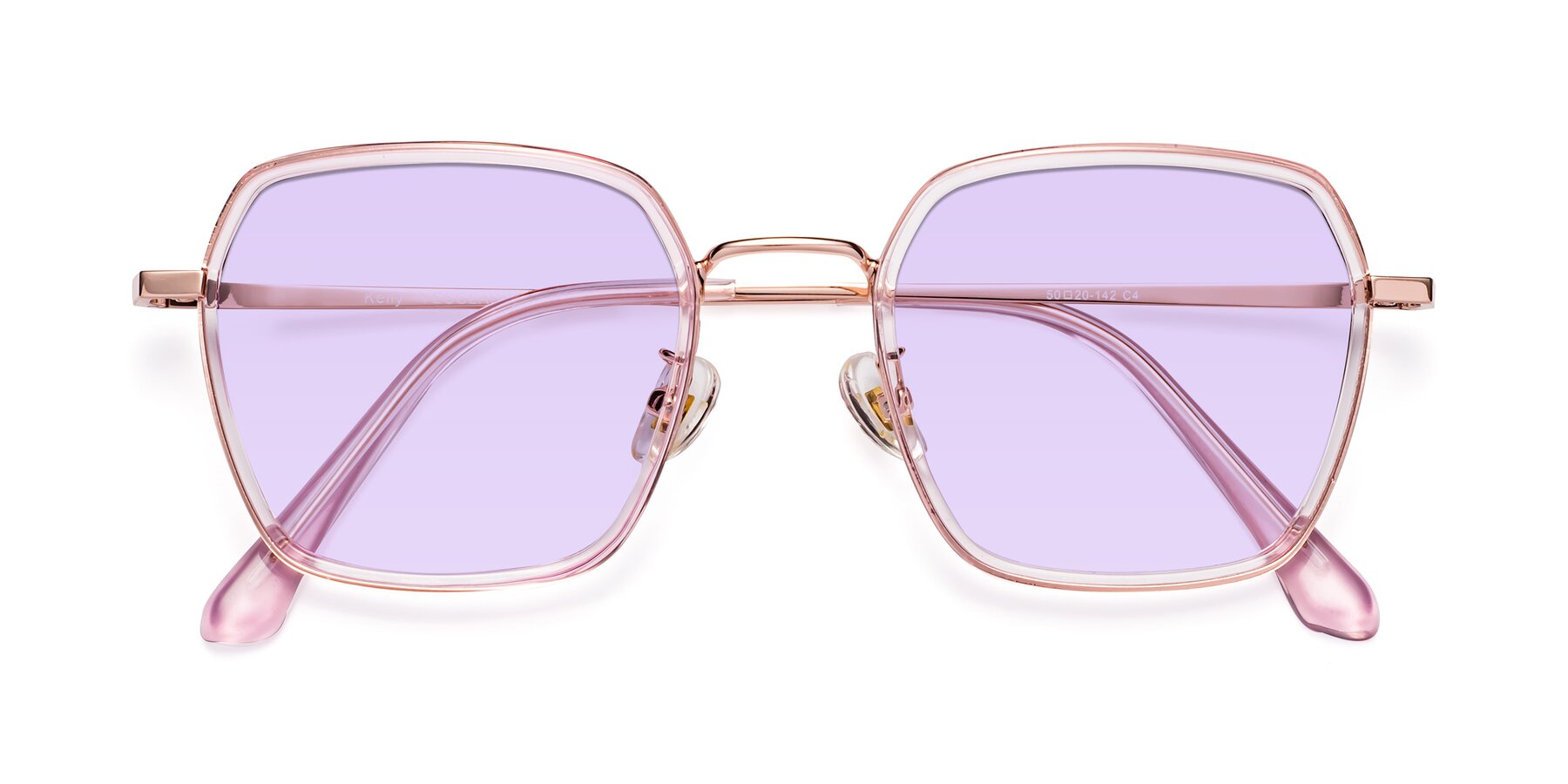 Folded Front of Kelly in Pink-Rose Gold with Light Purple Tinted Lenses