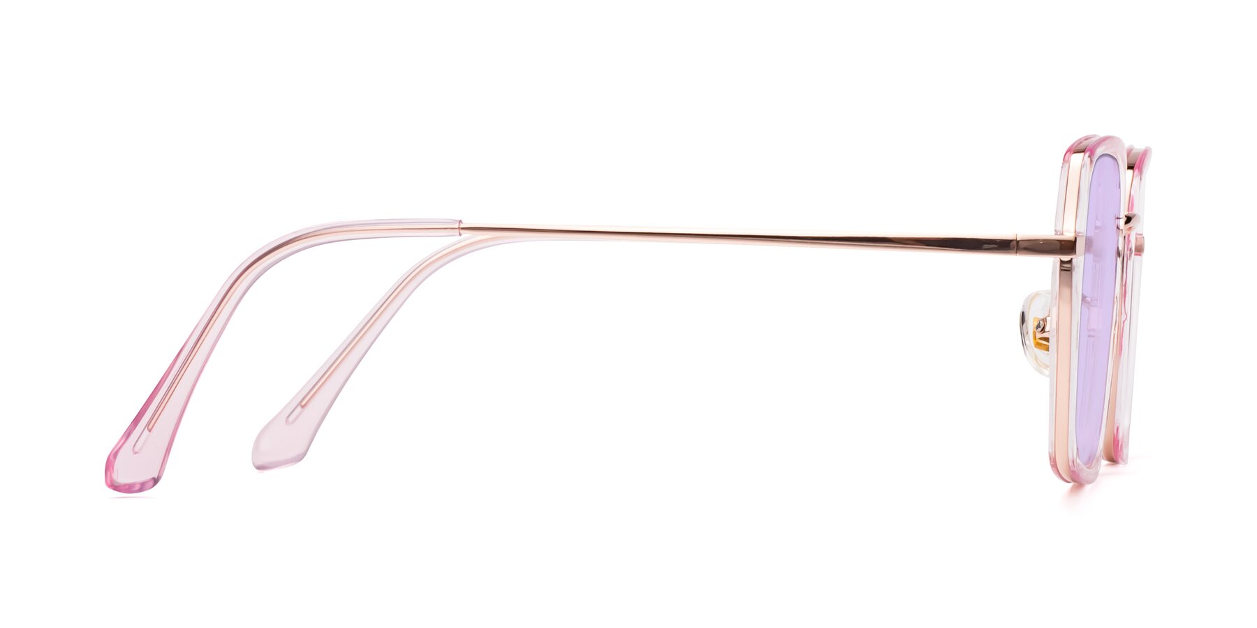 Side of Kelly in Pink-Rose Gold with Light Purple Tinted Lenses