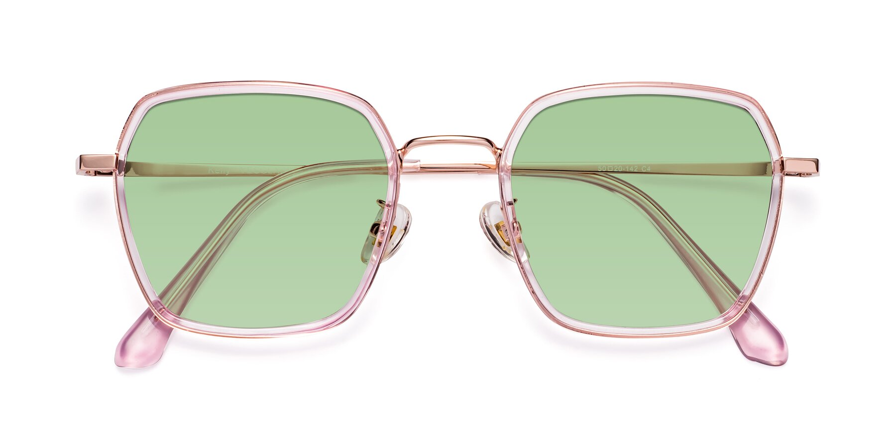 Folded Front of Kelly in Pink-Rose Gold with Medium Green Tinted Lenses