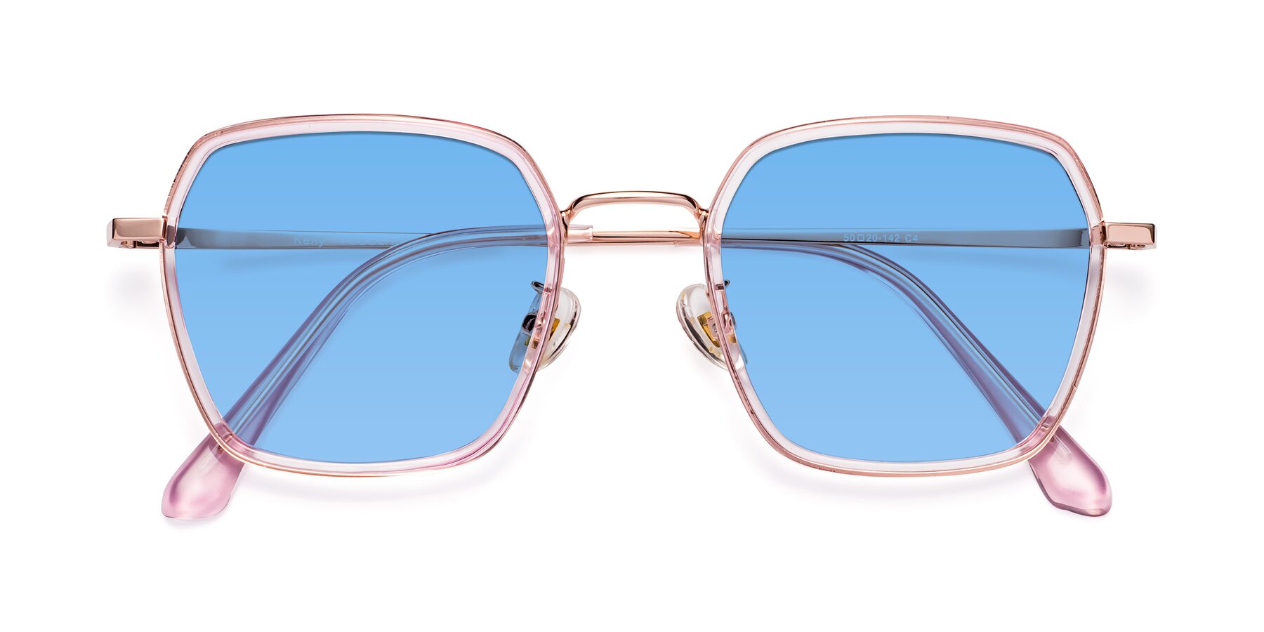 Folded Front of Kelly in Pink-Rose Gold with Medium Blue Tinted Lenses