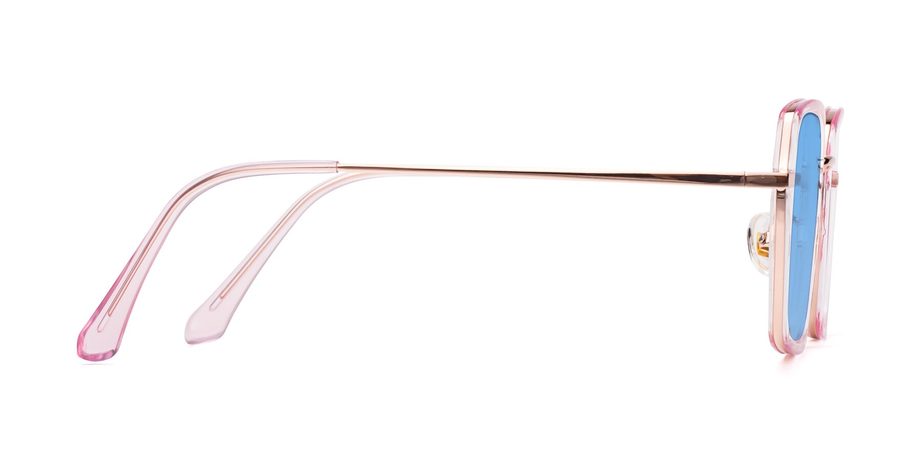Side of Kelly in Pink-Rose Gold with Medium Blue Tinted Lenses