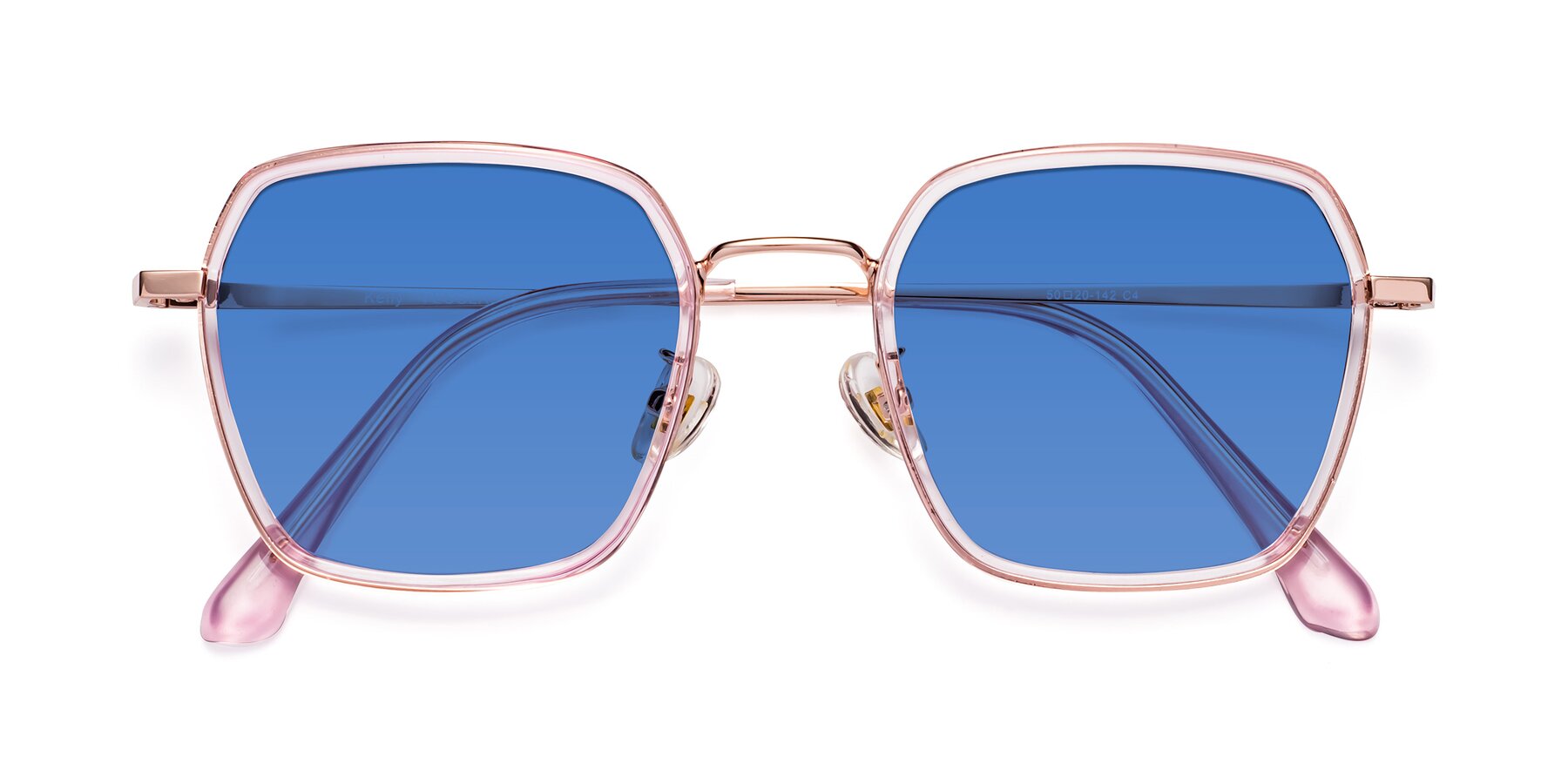 Folded Front of Kelly in Pink-Rose Gold with Blue Tinted Lenses