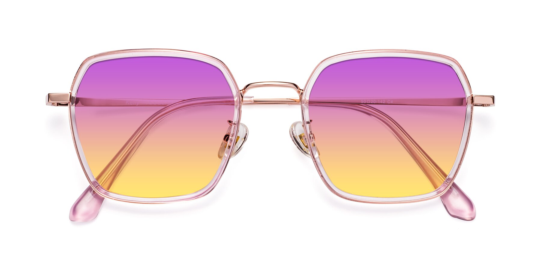 Folded Front of Kelly in Pink-Rose Gold with Purple / Yellow Gradient Lenses