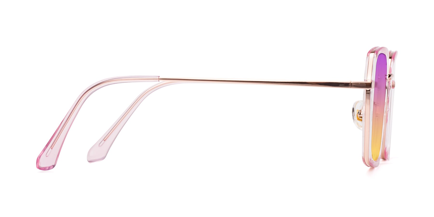 Side of Kelly in Pink-Rose Gold with Purple / Yellow Gradient Lenses