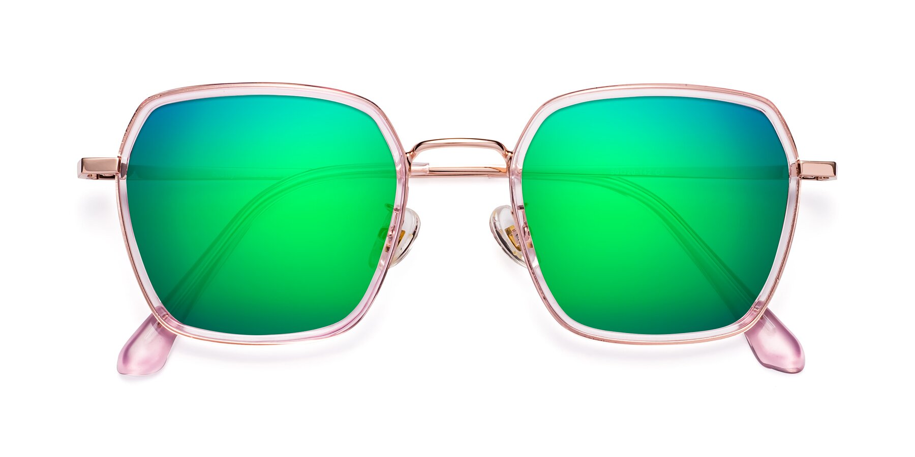 Folded Front of Kelly in Pink-Rose Gold with Green Mirrored Lenses