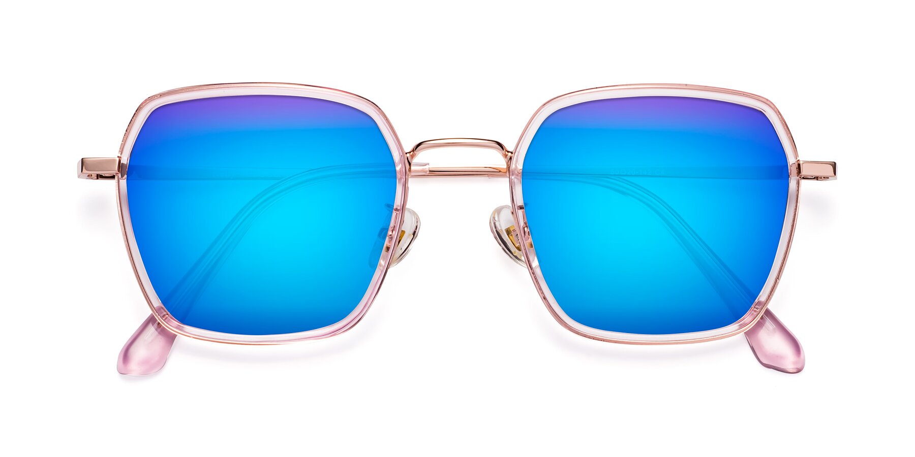 Folded Front of Kelly in Pink-Rose Gold with Blue Mirrored Lenses