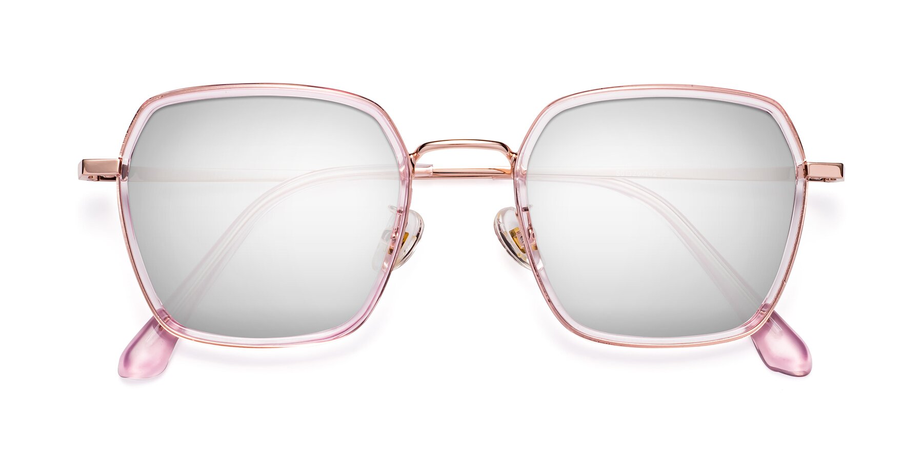 Folded Front of Kelly in Pink-Rose Gold with Silver Mirrored Lenses