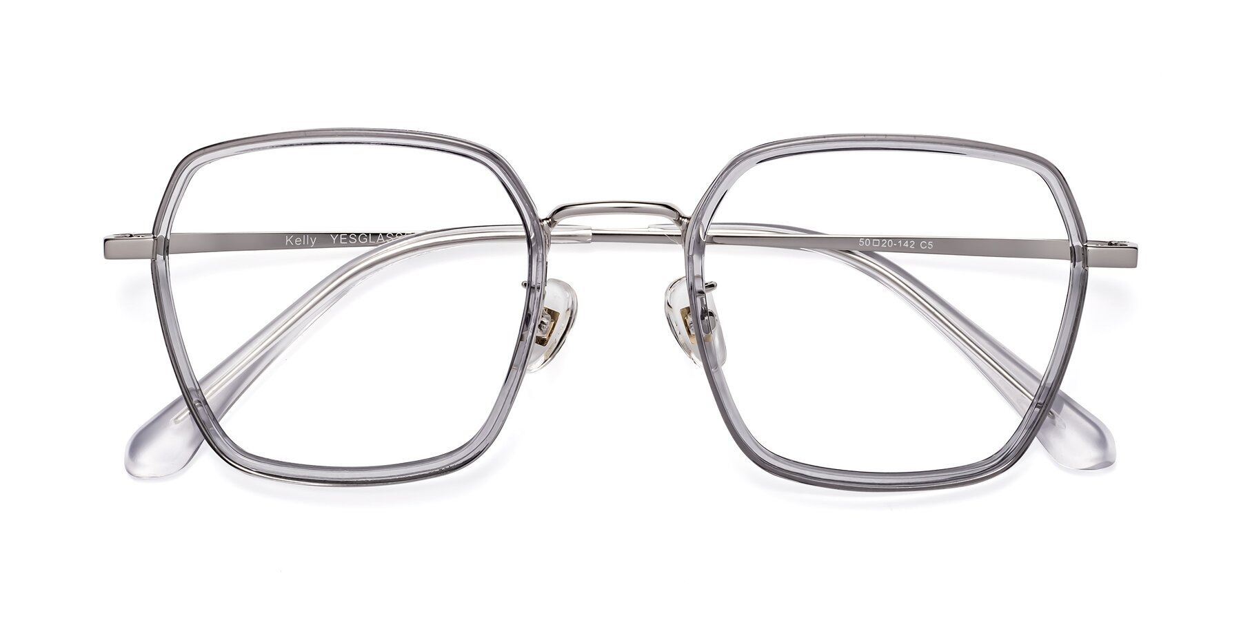 Folded Front of Kelly in Light Gray-Silver with Clear Reading Eyeglass Lenses