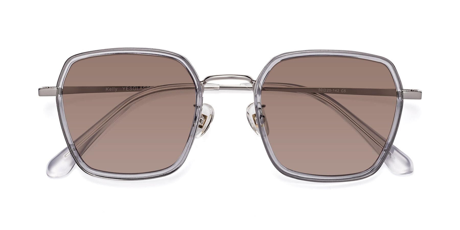 Folded Front of Kelly in Light Gray-Silver with Medium Brown Tinted Lenses
