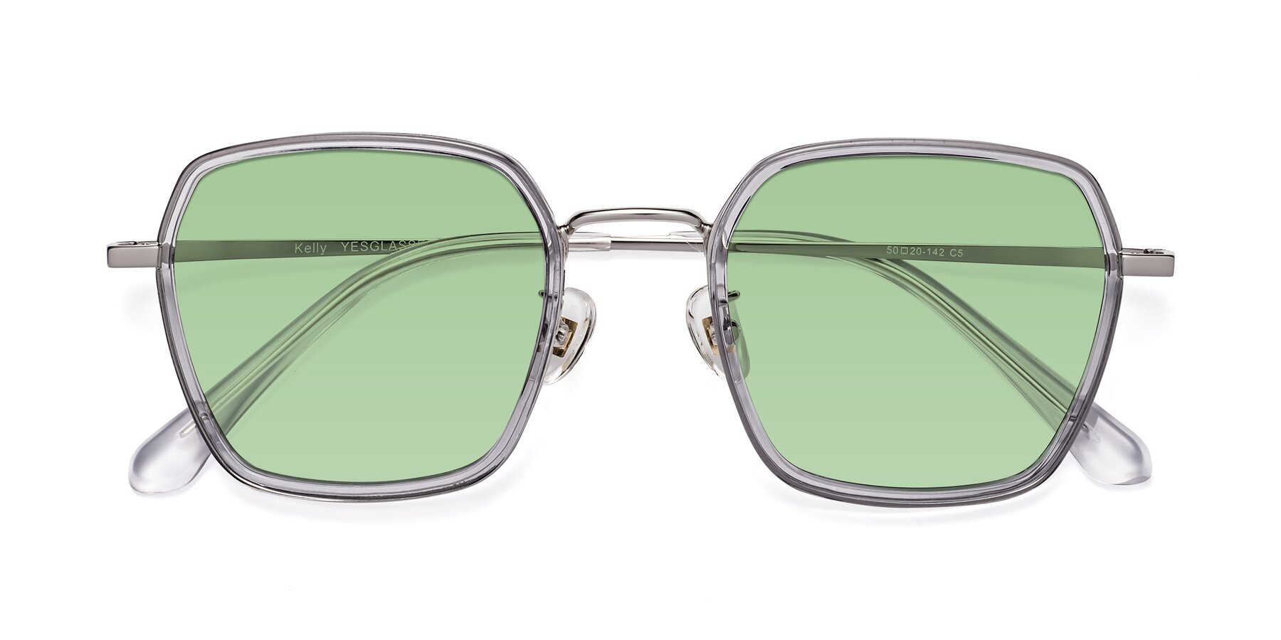 Folded Front of Kelly in Light Gray-Silver with Medium Green Tinted Lenses