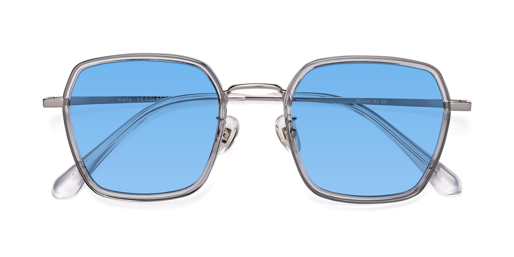 Folded Front of Kelly in Light Gray-Silver with Medium Blue Tinted Lenses