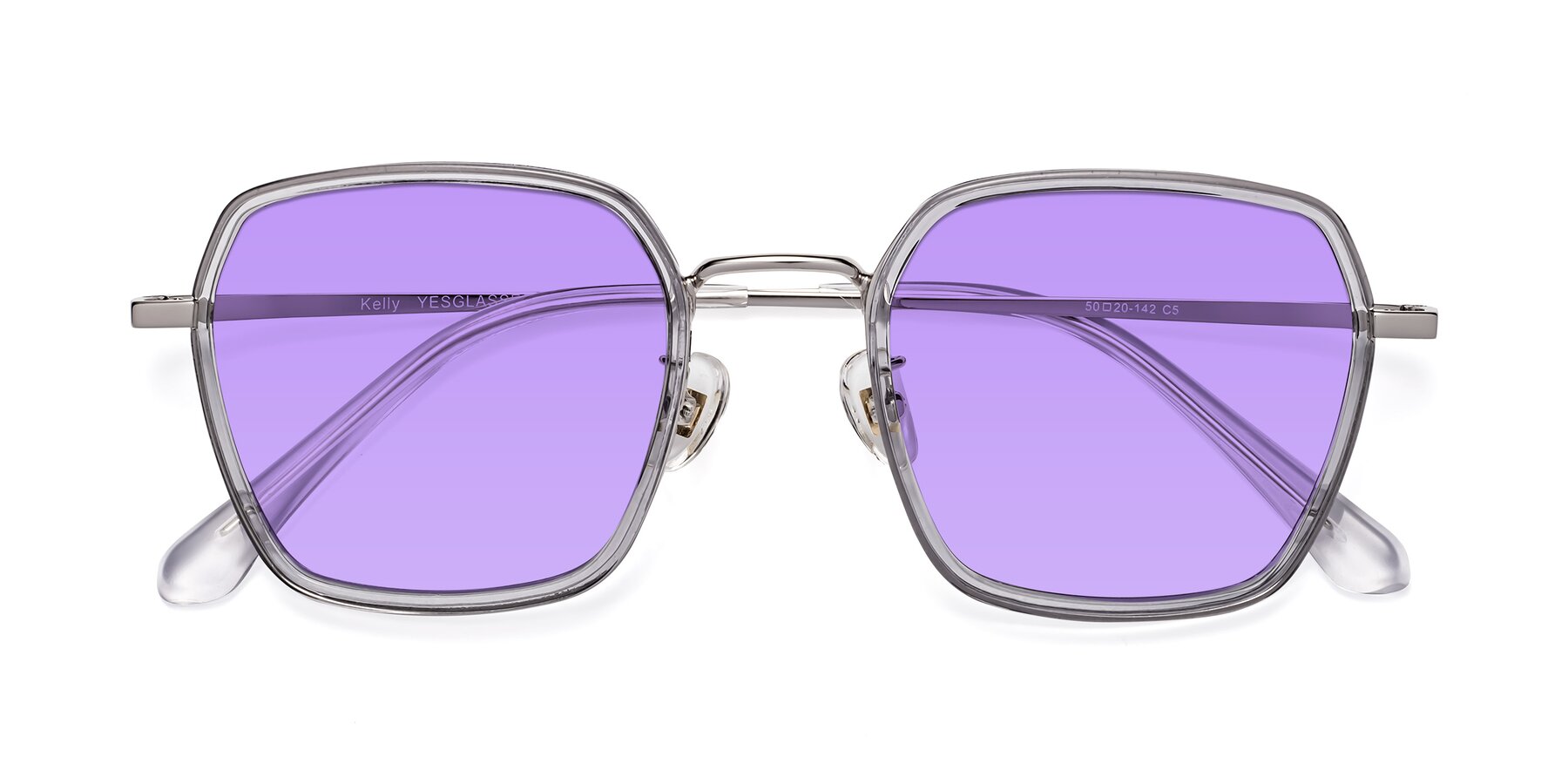 Folded Front of Kelly in Light Gray-Silver with Medium Purple Tinted Lenses