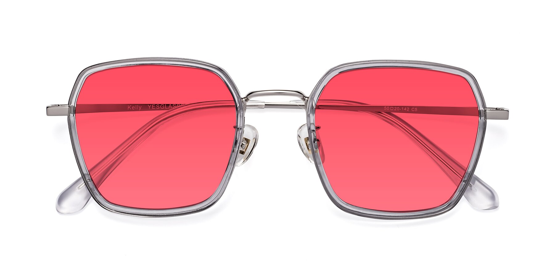 Folded Front of Kelly in Light Gray-Silver with Red Tinted Lenses