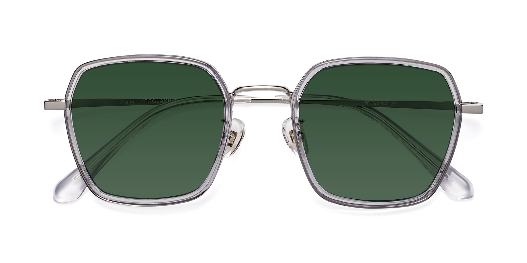 Folded Front of Kelly in Light Gray-Silver with Green Tinted Lenses