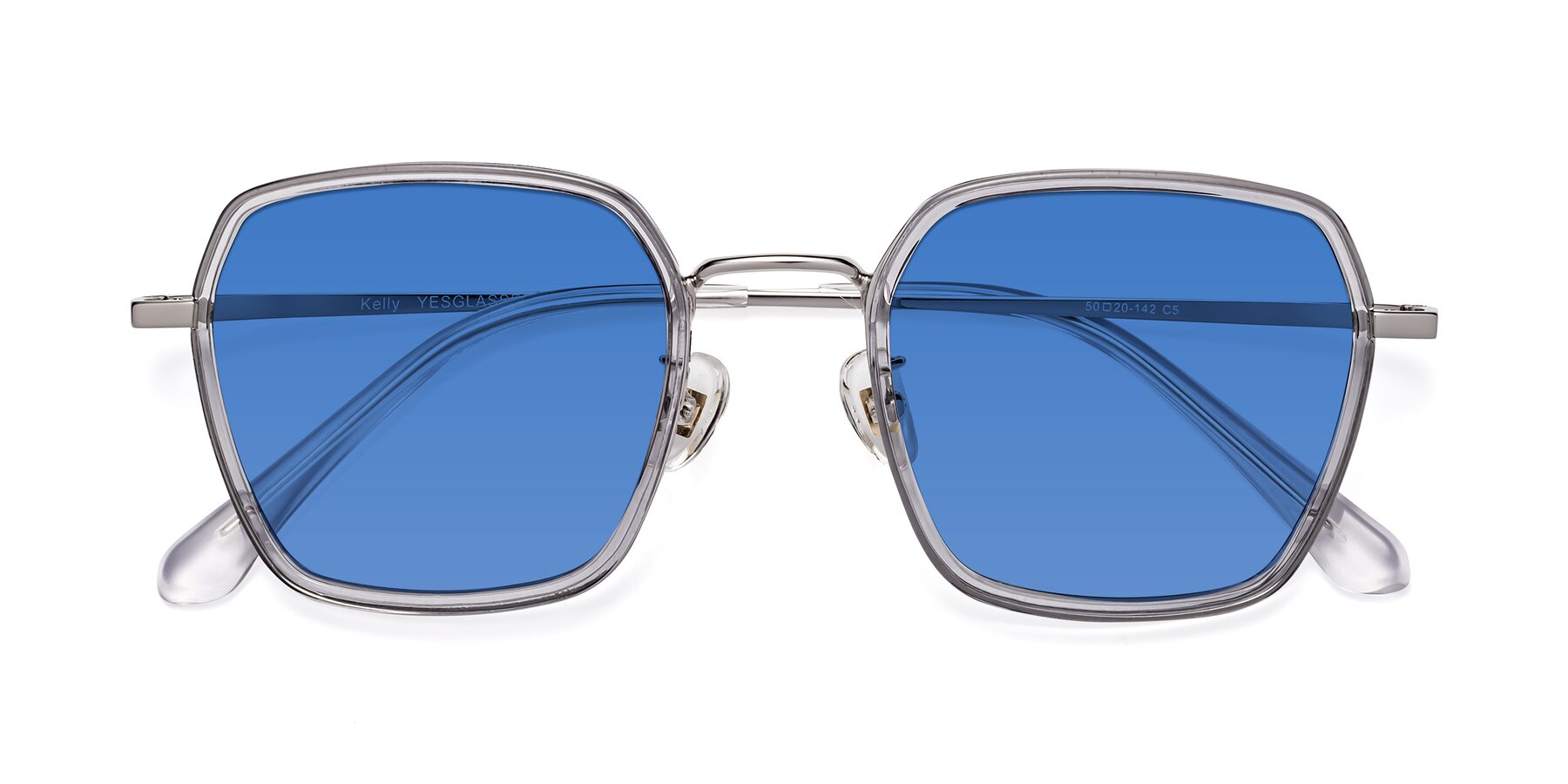 Folded Front of Kelly in Light Gray-Silver with Blue Tinted Lenses