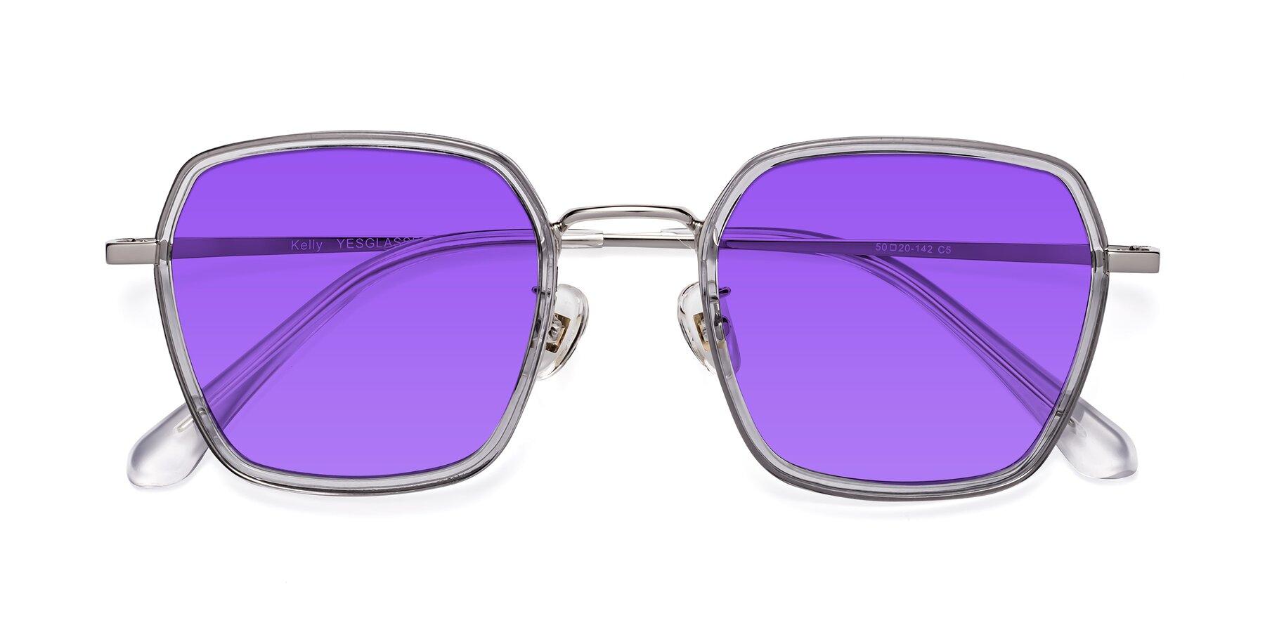 Folded Front of Kelly in Light Gray-Silver with Purple Tinted Lenses