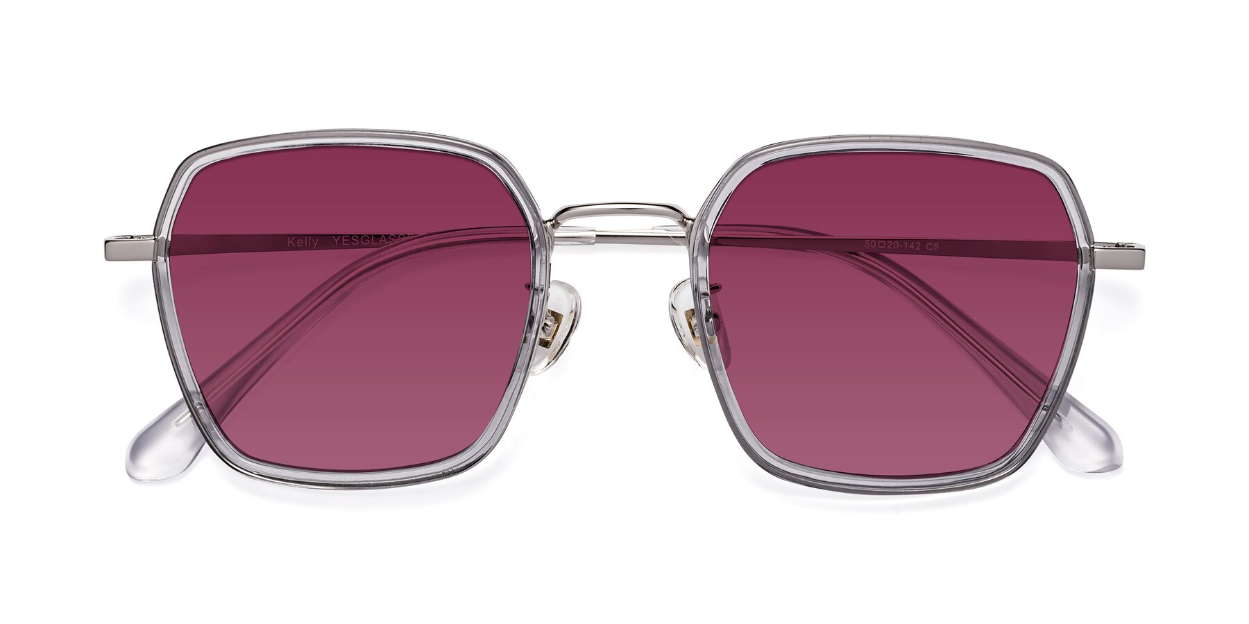 Folded Front of Kelly in Light Gray-Silver with Wine Tinted Lenses