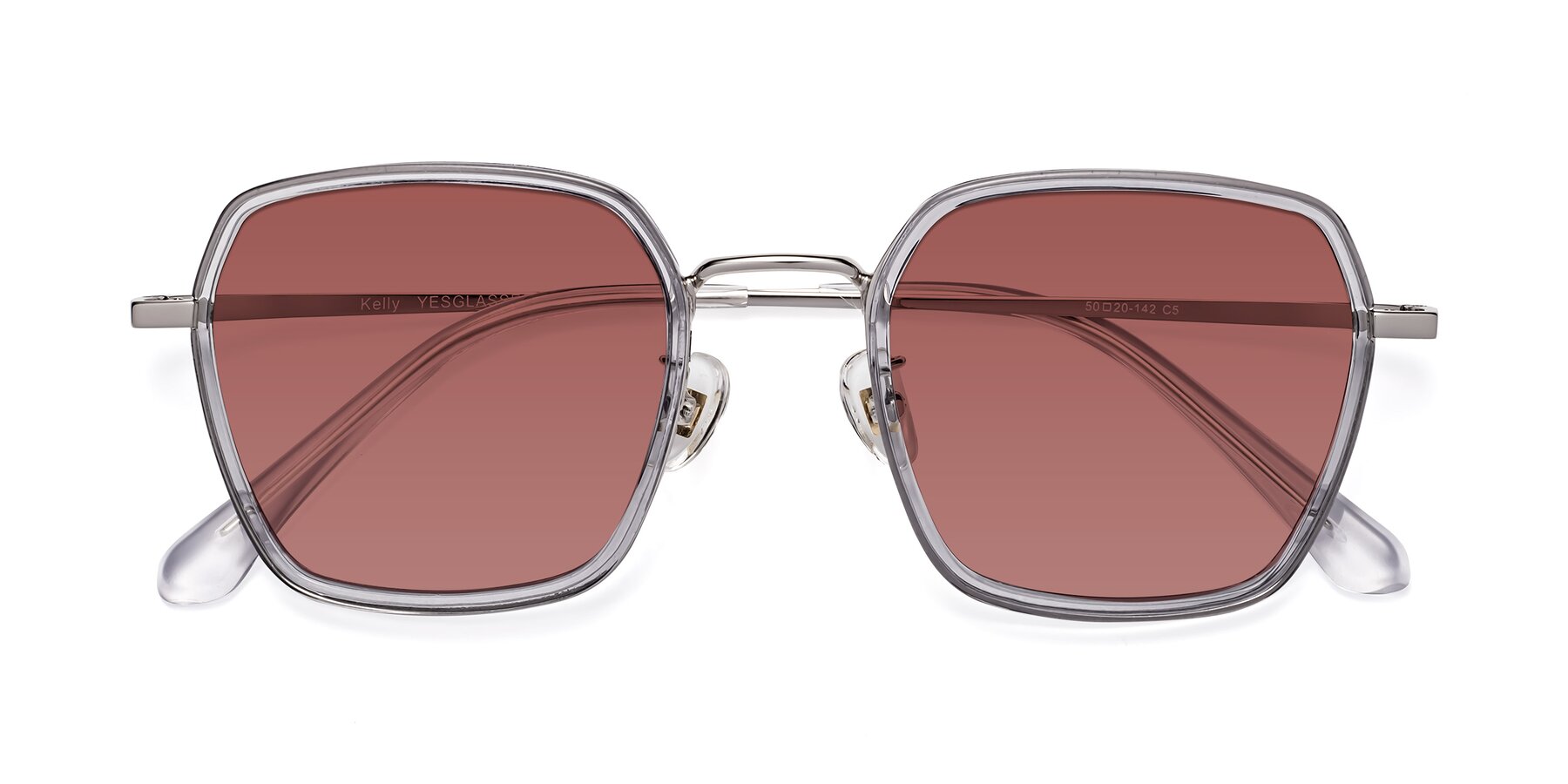 Folded Front of Kelly in Light Gray-Silver with Garnet Tinted Lenses