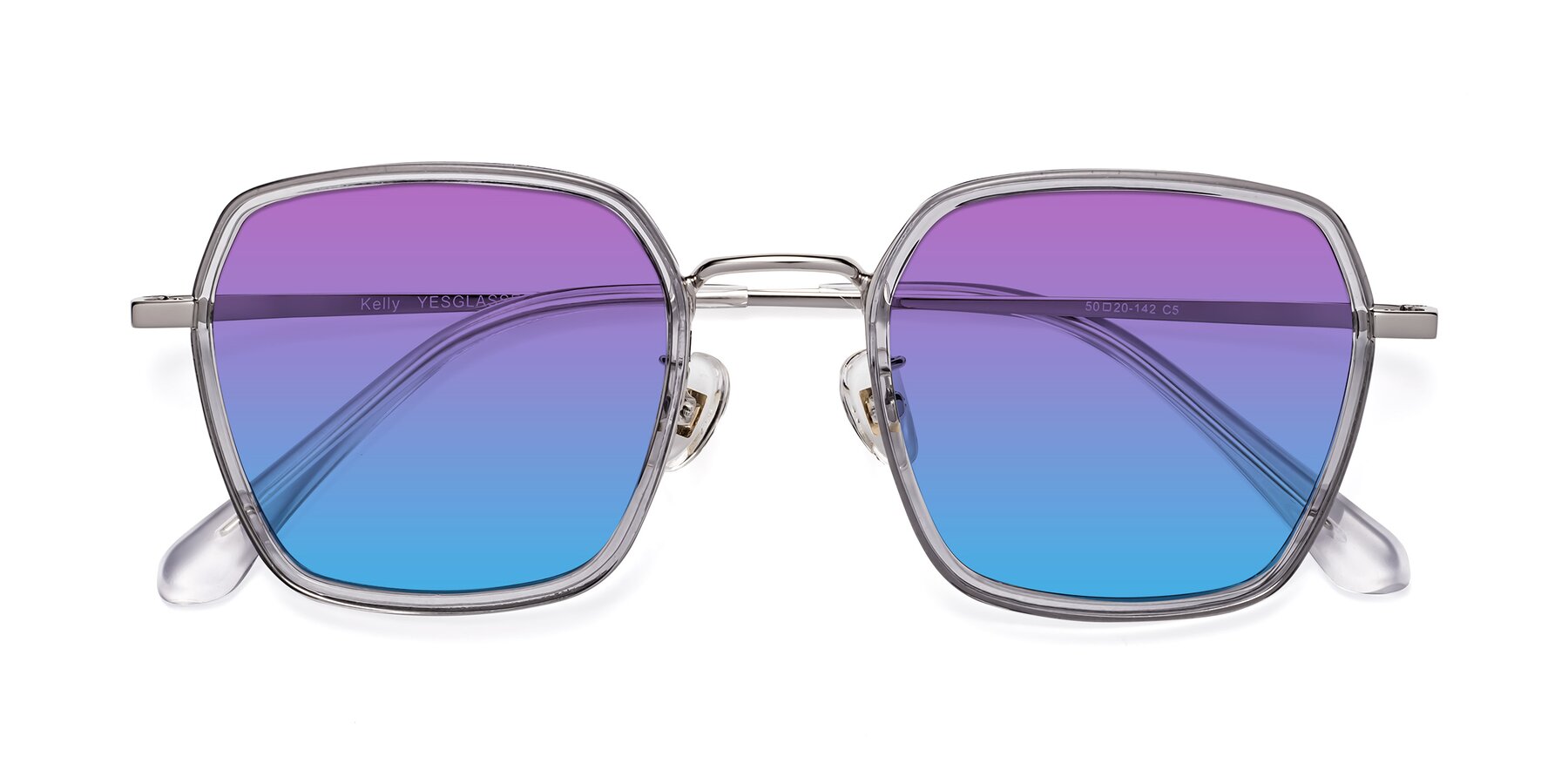 Folded Front of Kelly in Light Gray-Silver with Purple / Blue Gradient Lenses