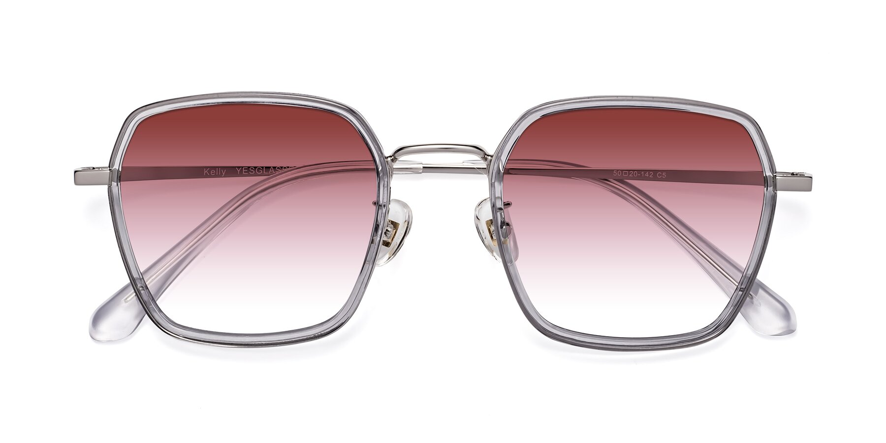 Folded Front of Kelly in Light Gray-Silver with Garnet Gradient Lenses