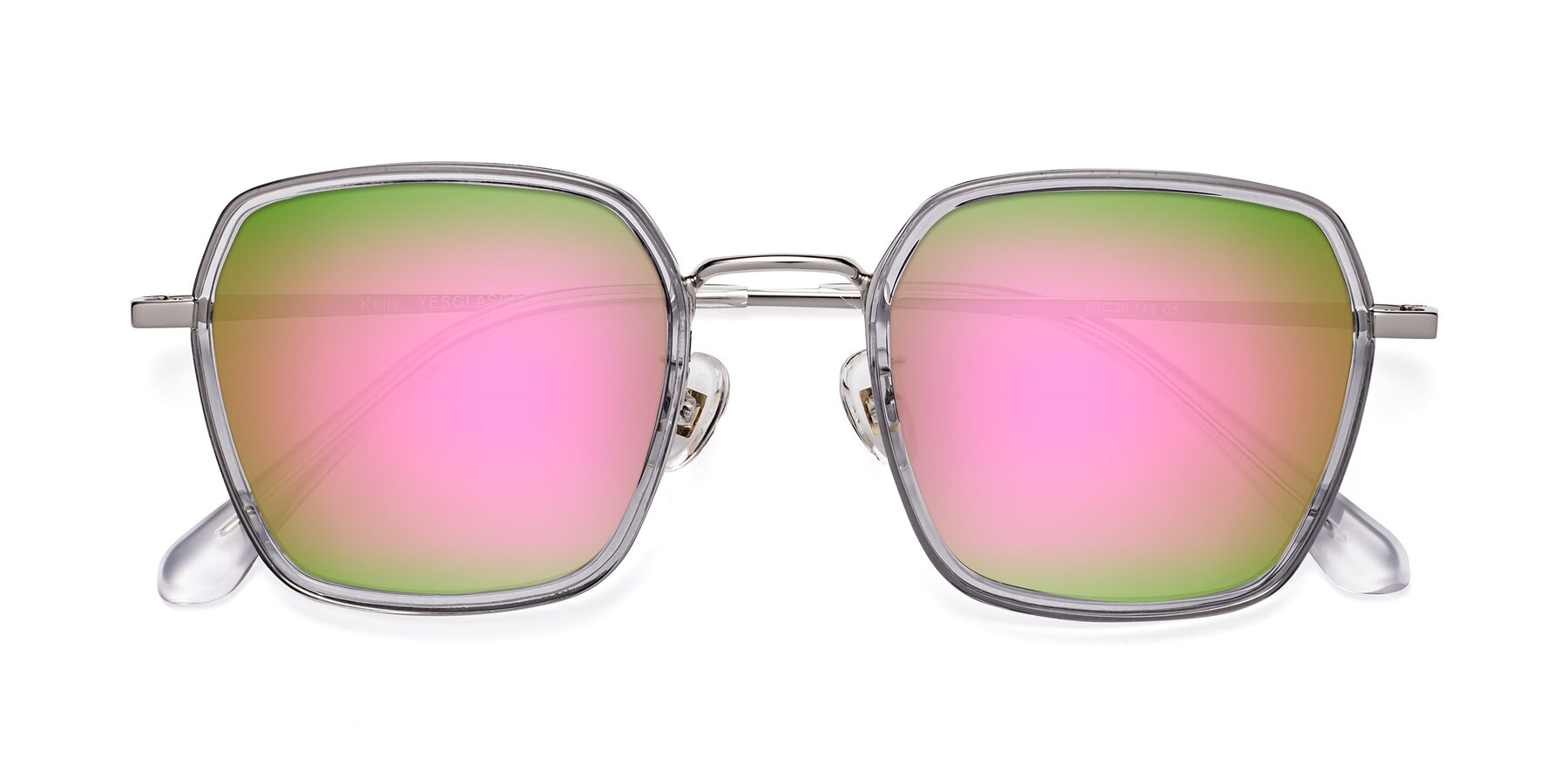 Folded Front of Kelly in Light Gray-Silver with Pink Mirrored Lenses