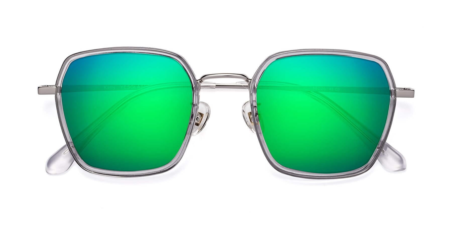 Folded Front of Kelly in Light Gray-Silver with Green Mirrored Lenses