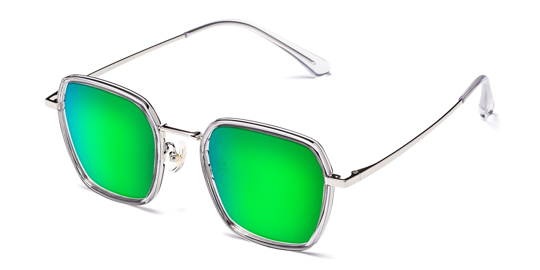 Angle of Kelly in Light Gray-Silver with Green Mirrored Lenses