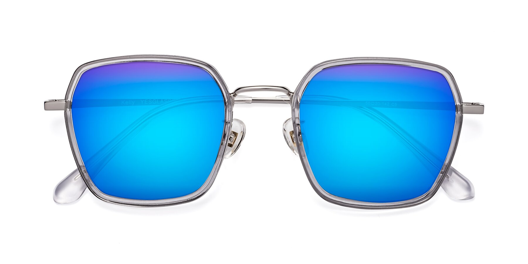 Folded Front of Kelly in Light Gray-Silver with Blue Mirrored Lenses