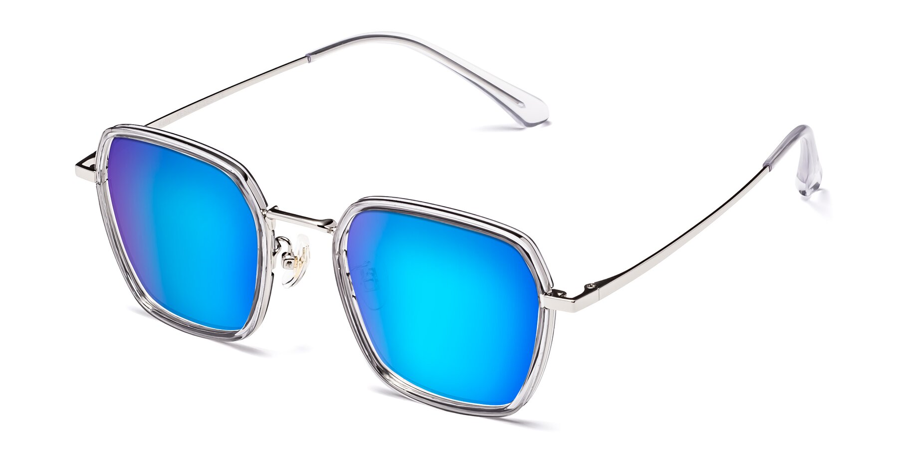Angle of Kelly in Light Gray-Silver with Blue Mirrored Lenses