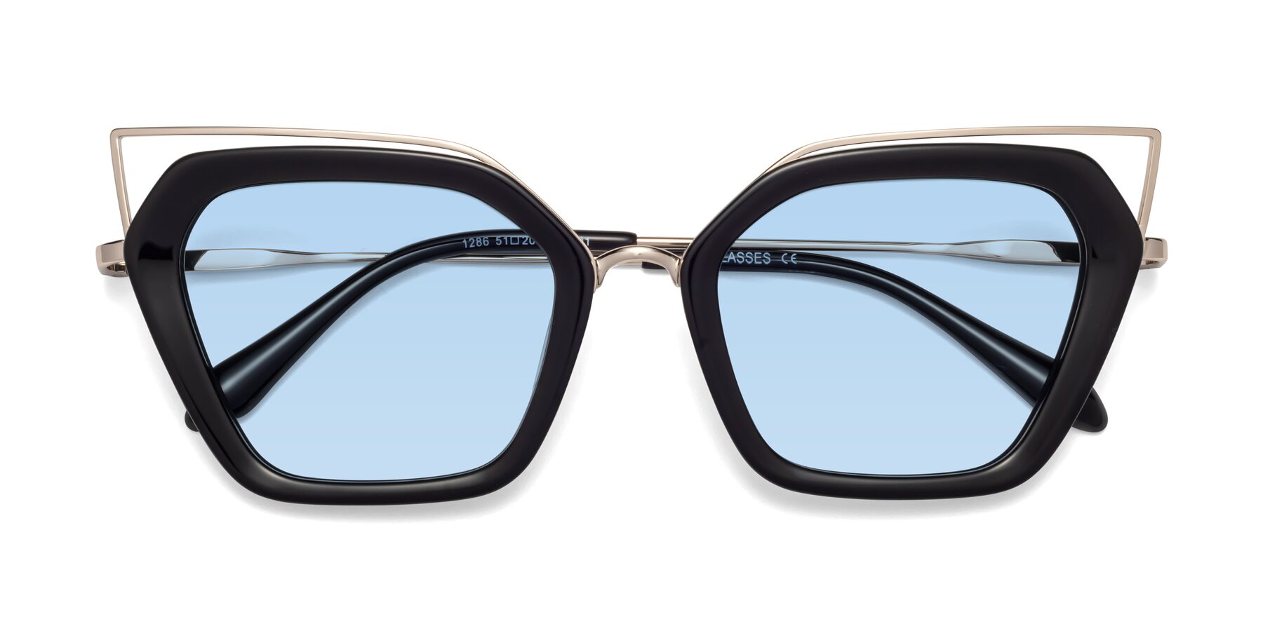 Folded Front of Delmonte in Black with Light Blue Tinted Lenses