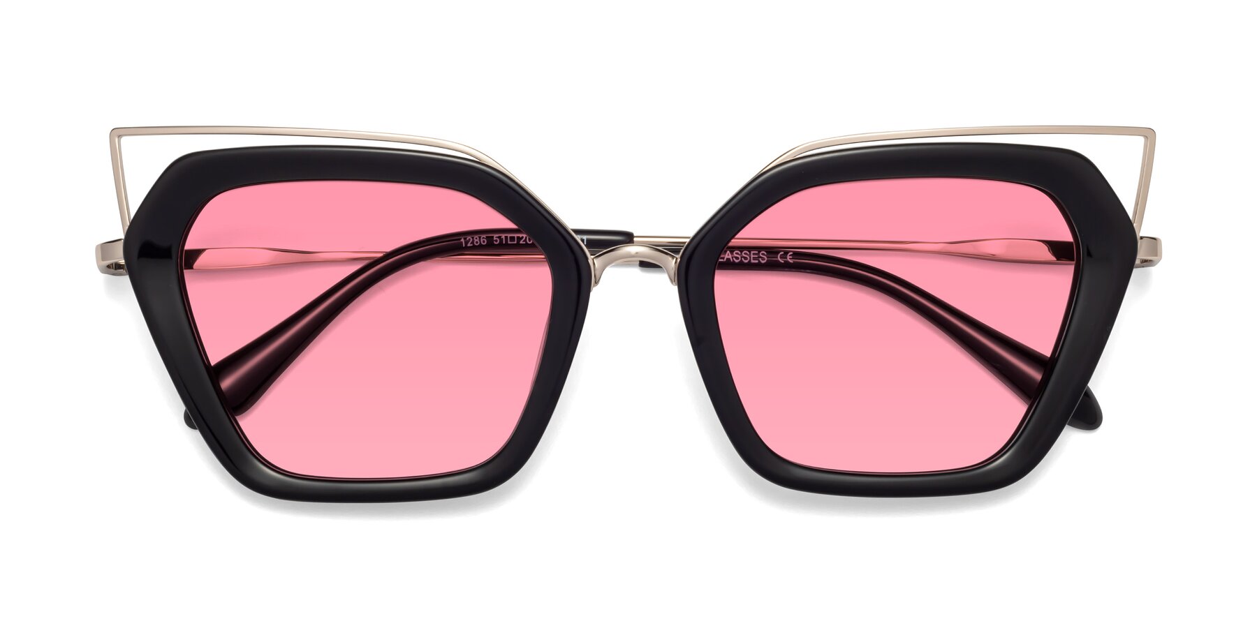 Folded Front of Delmonte in Black with Pink Tinted Lenses