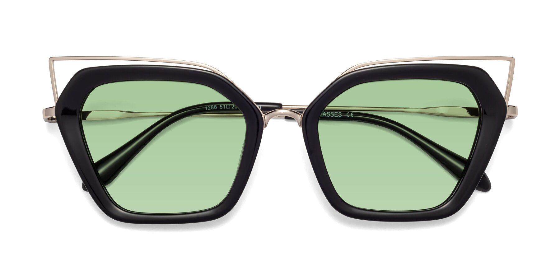 Folded Front of Delmonte in Black with Medium Green Tinted Lenses
