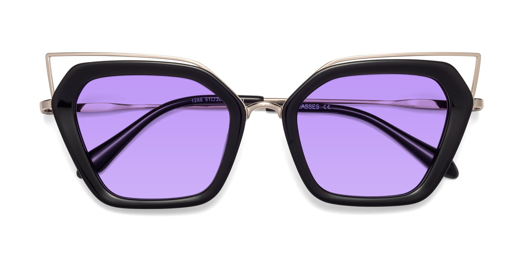 Folded Front of Delmonte in Black with Medium Purple Tinted Lenses