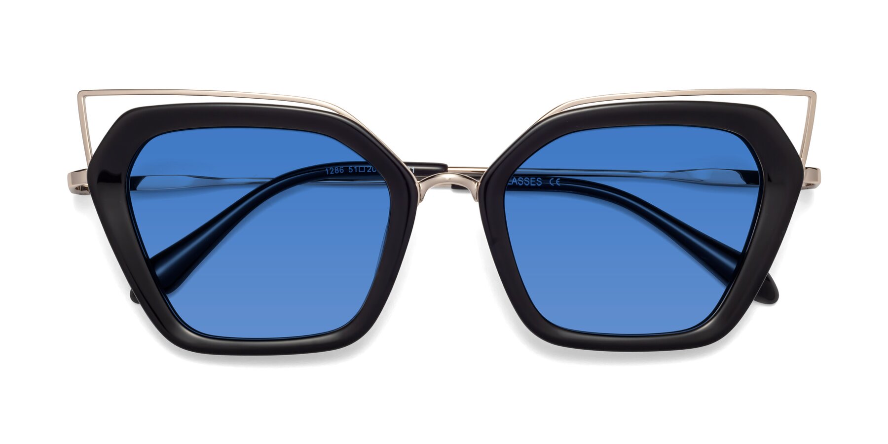Folded Front of Delmonte in Black with Blue Tinted Lenses