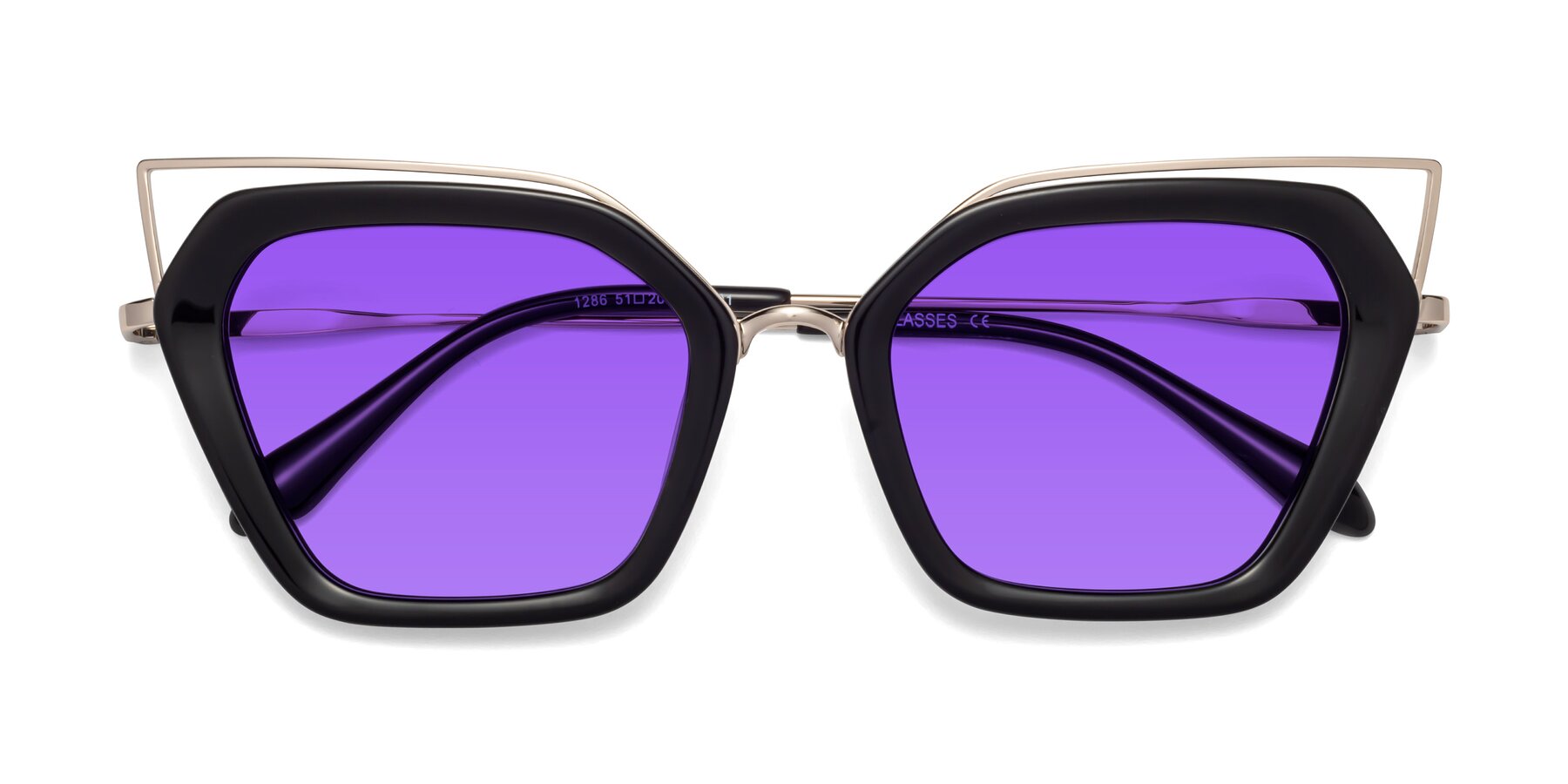 Folded Front of Delmonte in Black with Purple Tinted Lenses