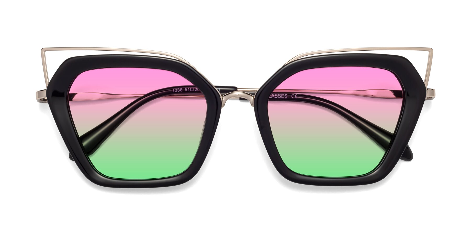Folded Front of Delmonte in Black with Pink / Green Gradient Lenses