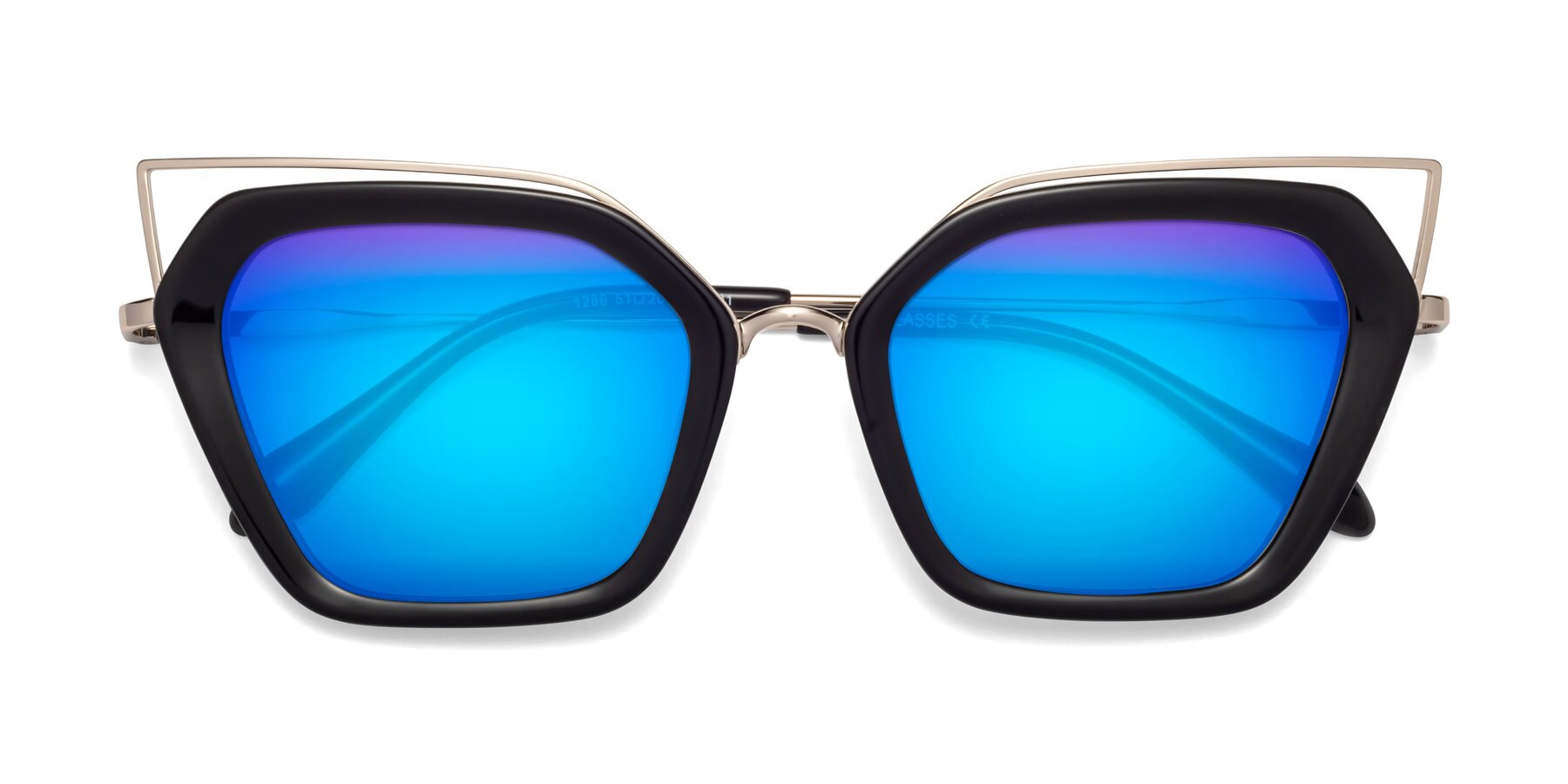 Folded Front of Delmonte in Black with Blue Mirrored Lenses