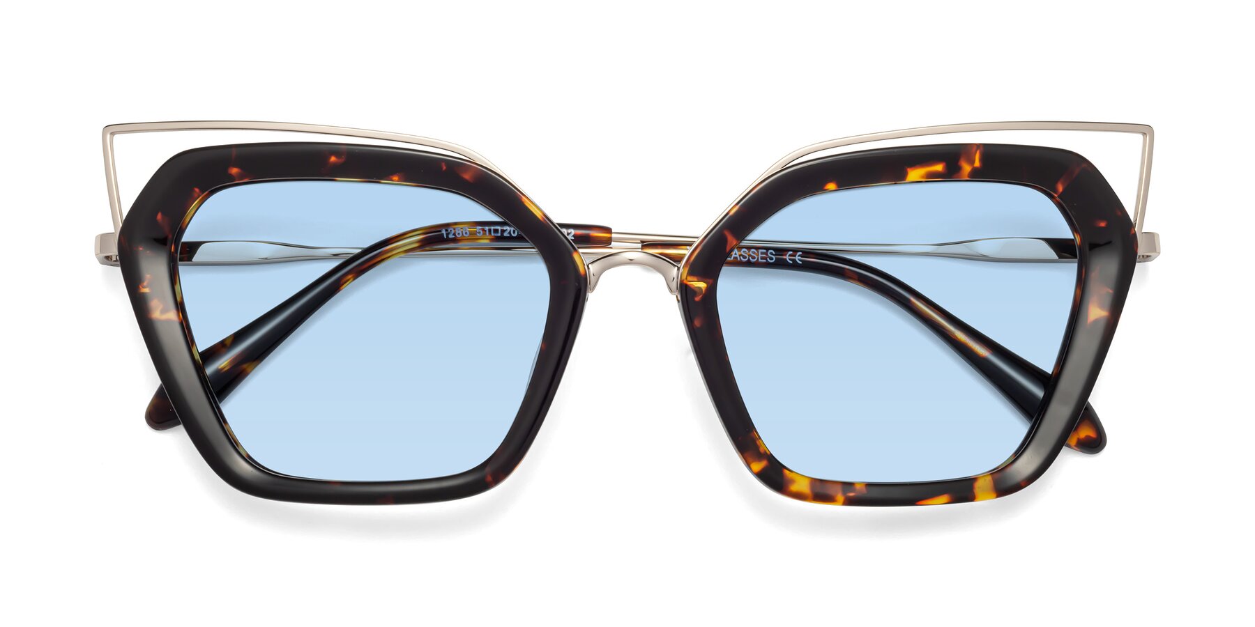 Folded Front of Delmonte in Tortoise with Light Blue Tinted Lenses