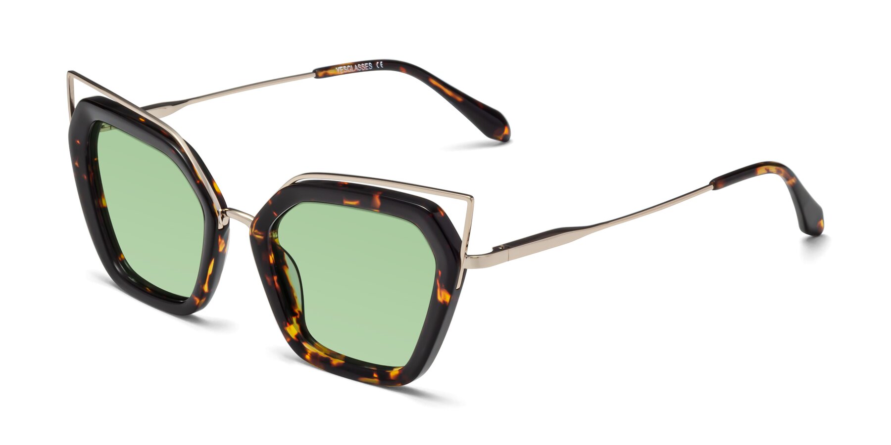 Angle of Delmonte in Tortoise with Medium Green Tinted Lenses