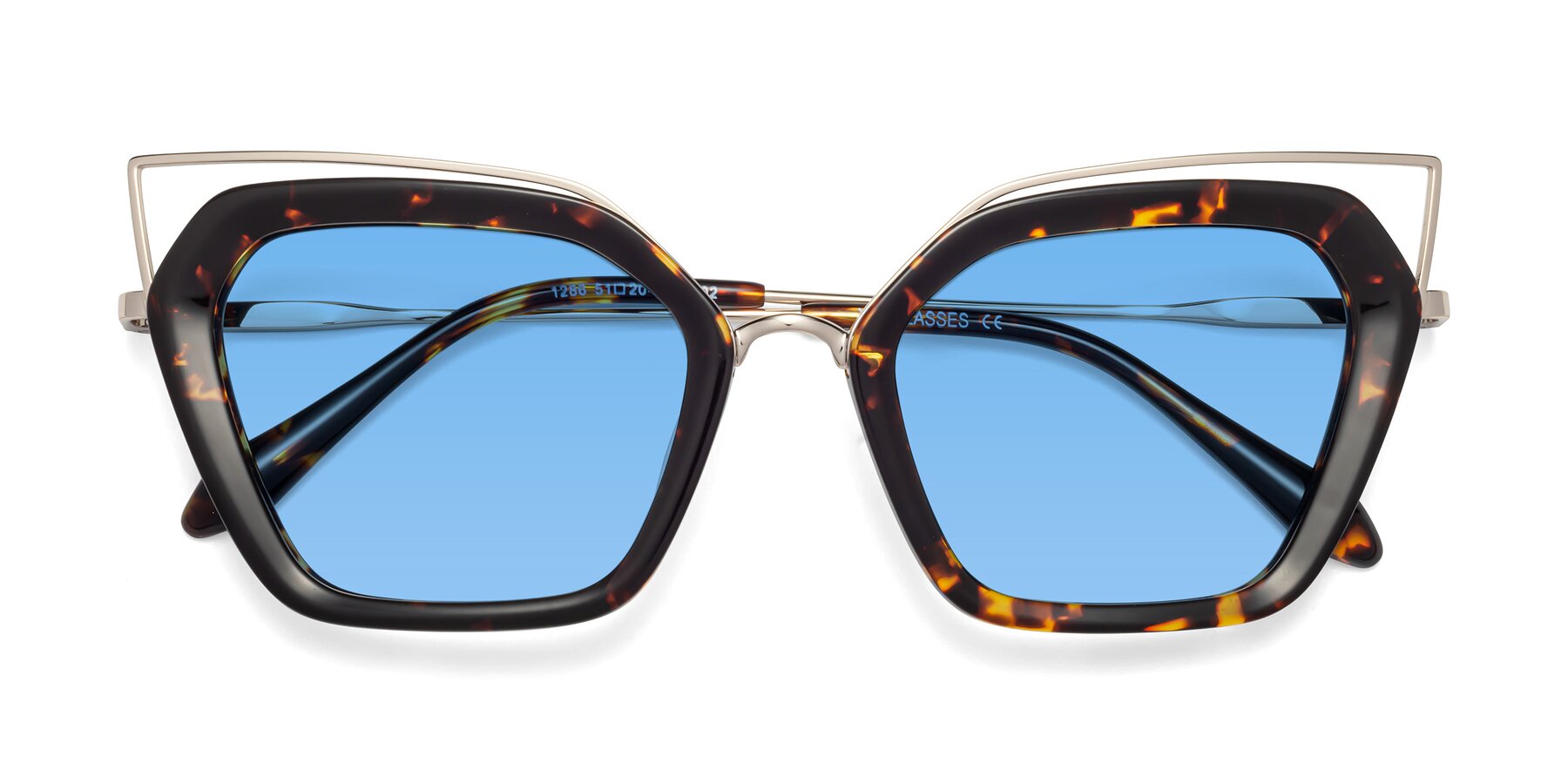 Folded Front of Delmonte in Tortoise with Medium Blue Tinted Lenses