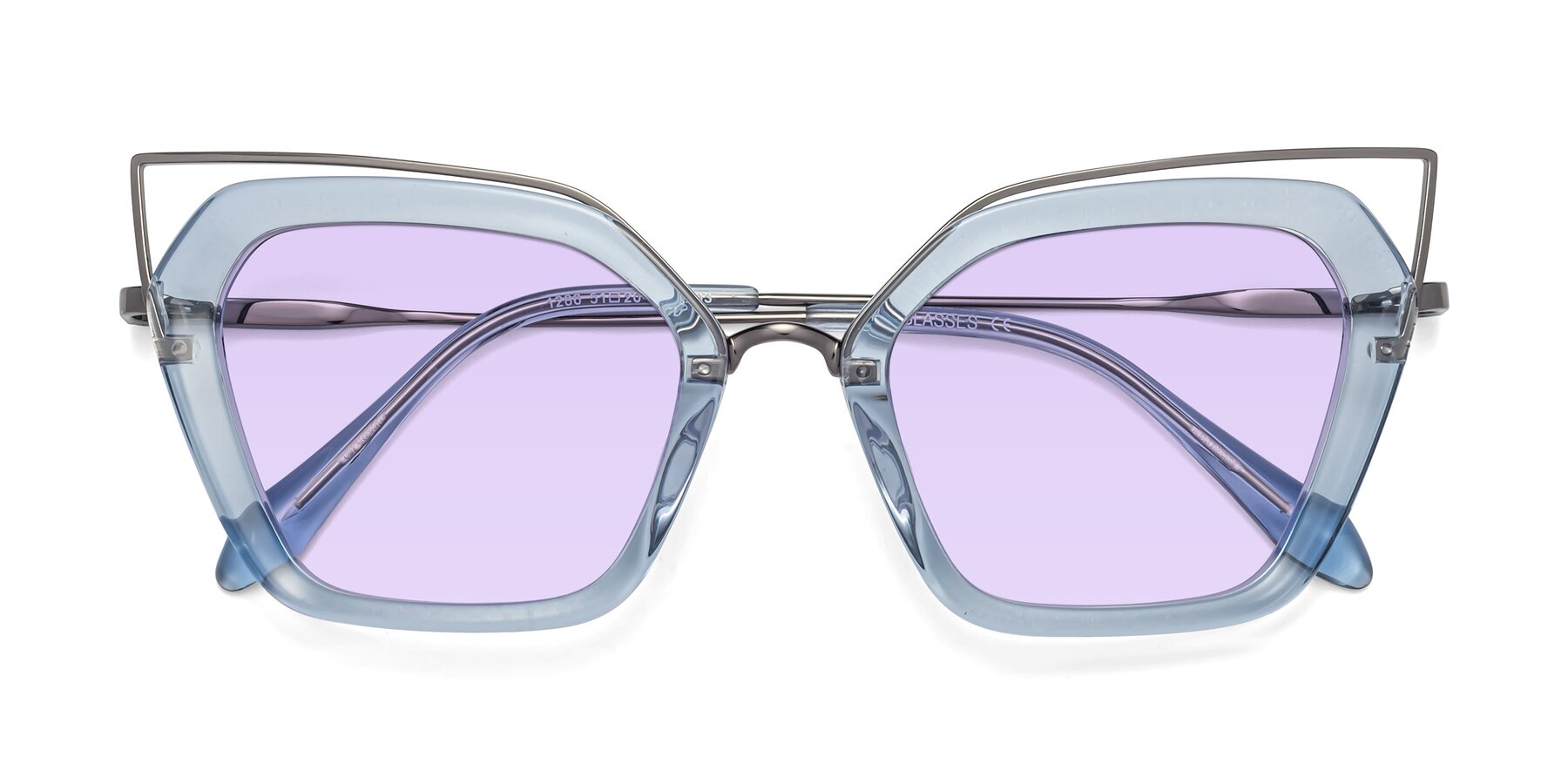 Folded Front of Delmonte in Light Blue with Light Purple Tinted Lenses